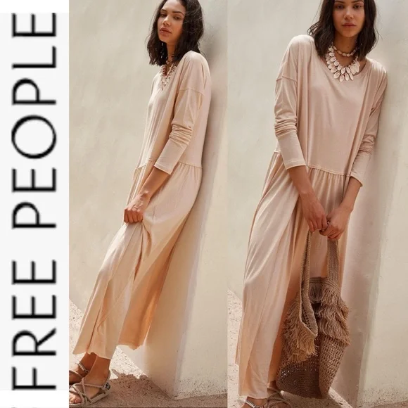 NWT Free People Beach Anytime Midi Long  Sleeve Dress xs in sand - Picture 2 of 15